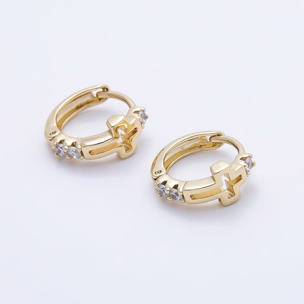 14K Gold Filled 13.5mm Open Cross Outline Micro Paved CZ Huggie Earrings