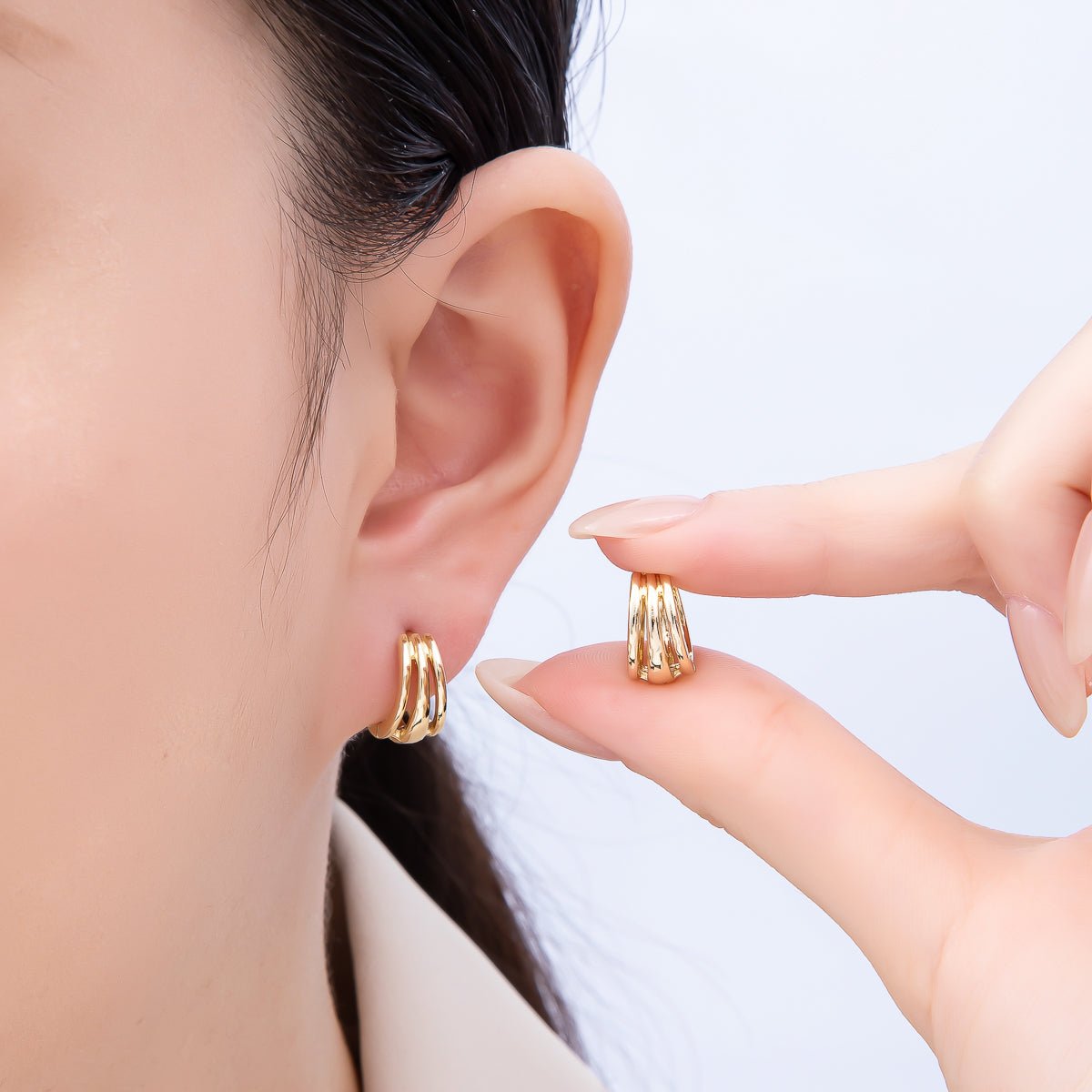 14K Gold Filled 14mm Minimalist Triple Band Cartilage Huggie Earrings
