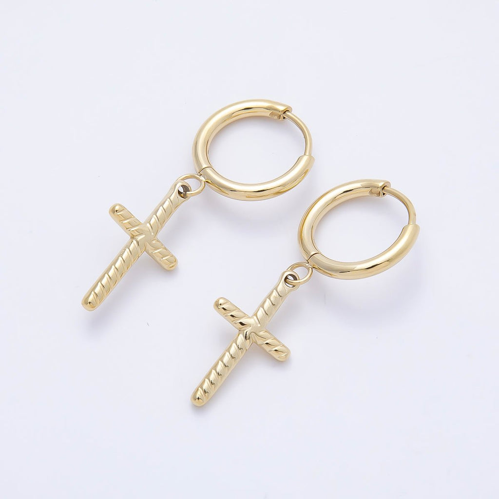 14K Gold Filled 35mm Ribbed Religious Cross Drop Huggie Earrings