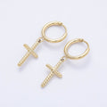 14K Gold Filled 35mm Ribbed Religious Cross Drop Huggie Earrings