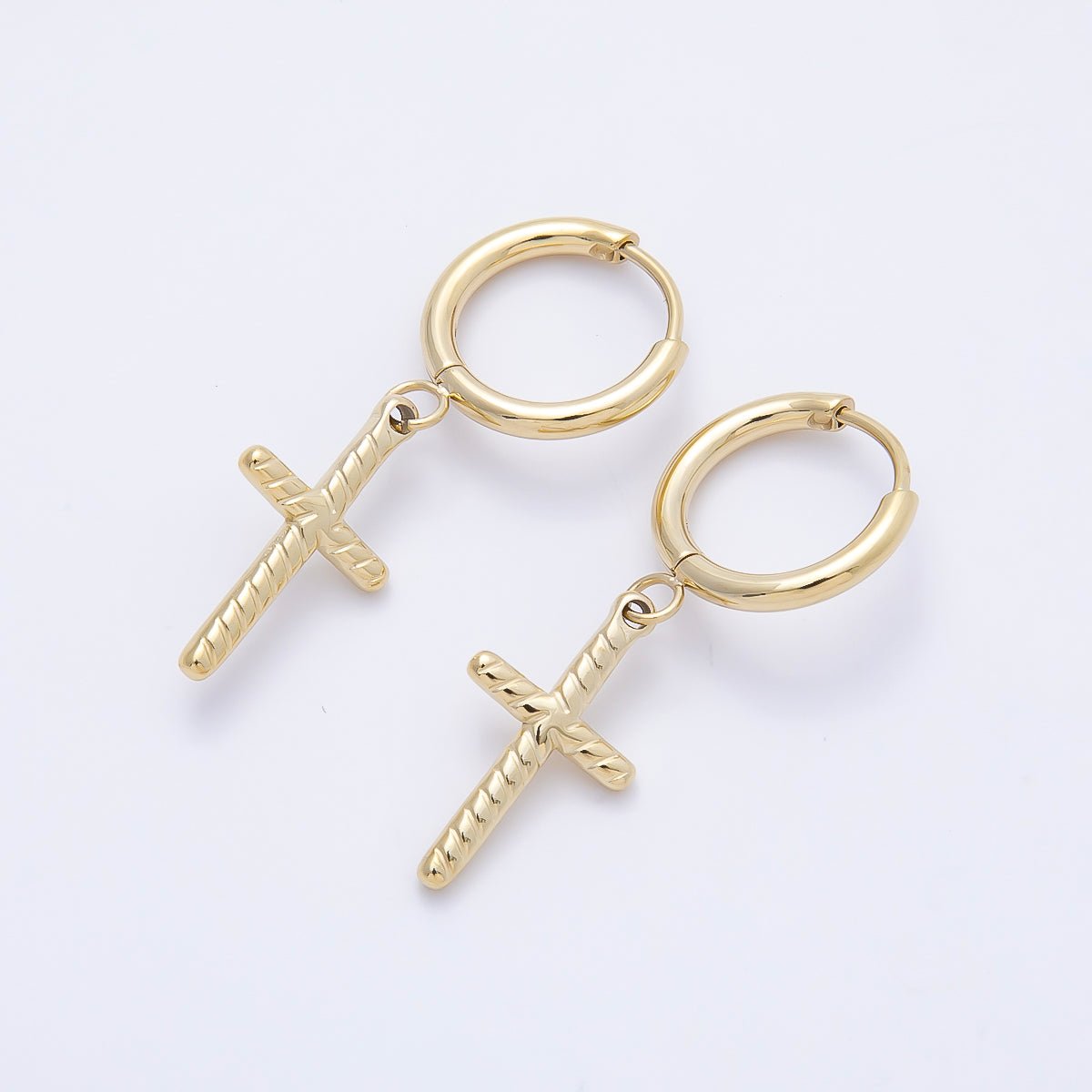 14K Gold Filled 35mm Ribbed Religious Cross Drop Huggie Earrings