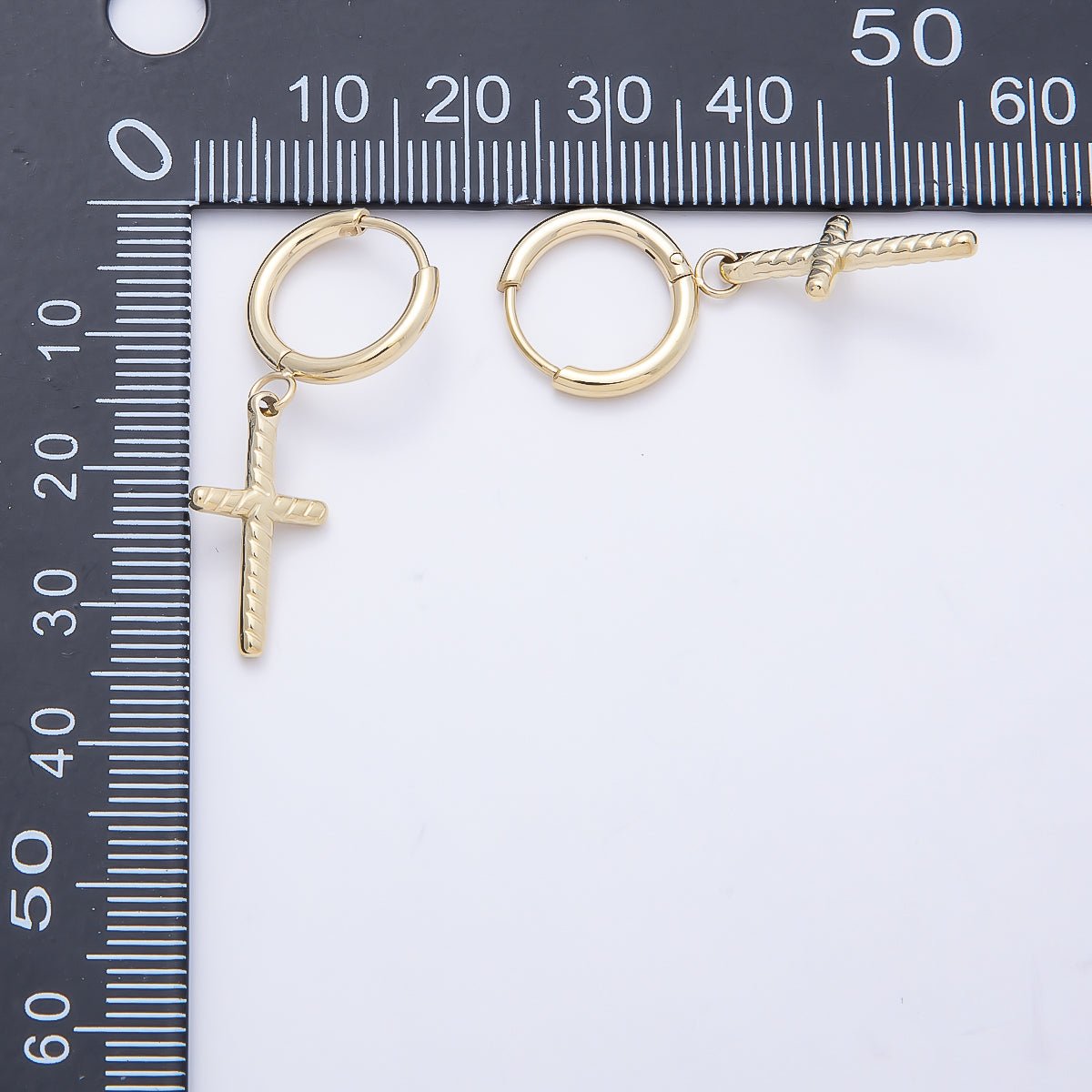 14K Gold Filled 35mm Ribbed Religious Cross Drop Huggie Earrings