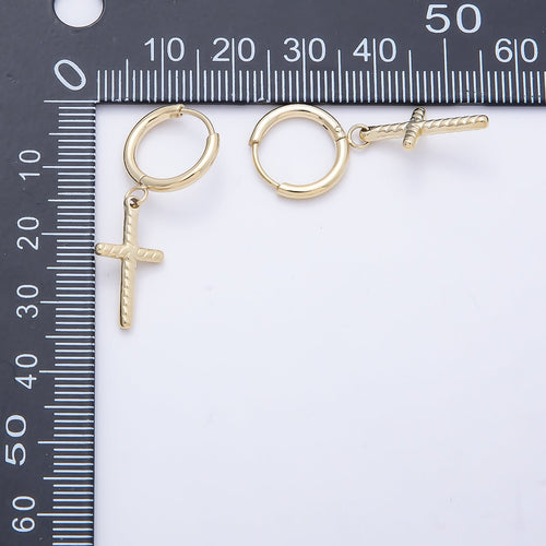 14K Gold Filled 35mm Ribbed Religious Cross Drop Huggie Earrings