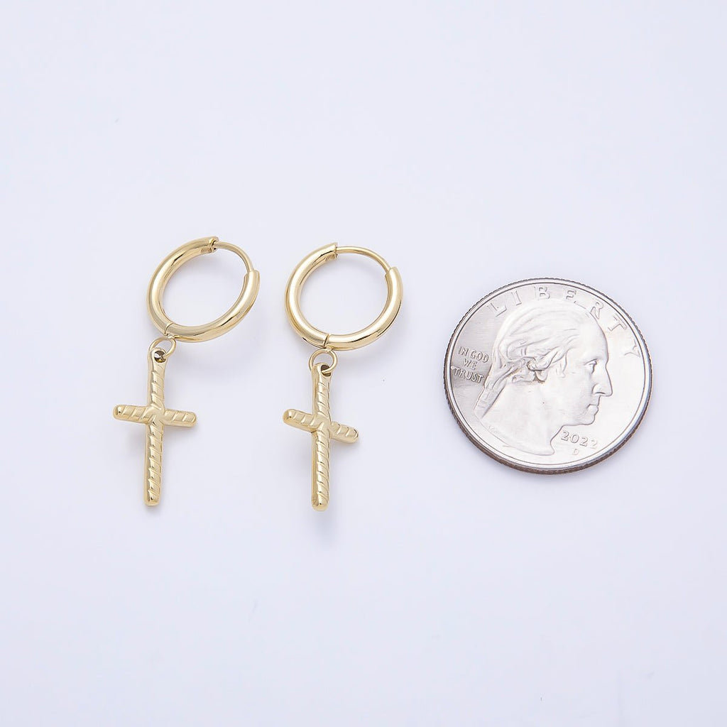 14K Gold Filled 35mm Ribbed Religious Cross Drop Huggie Earrings