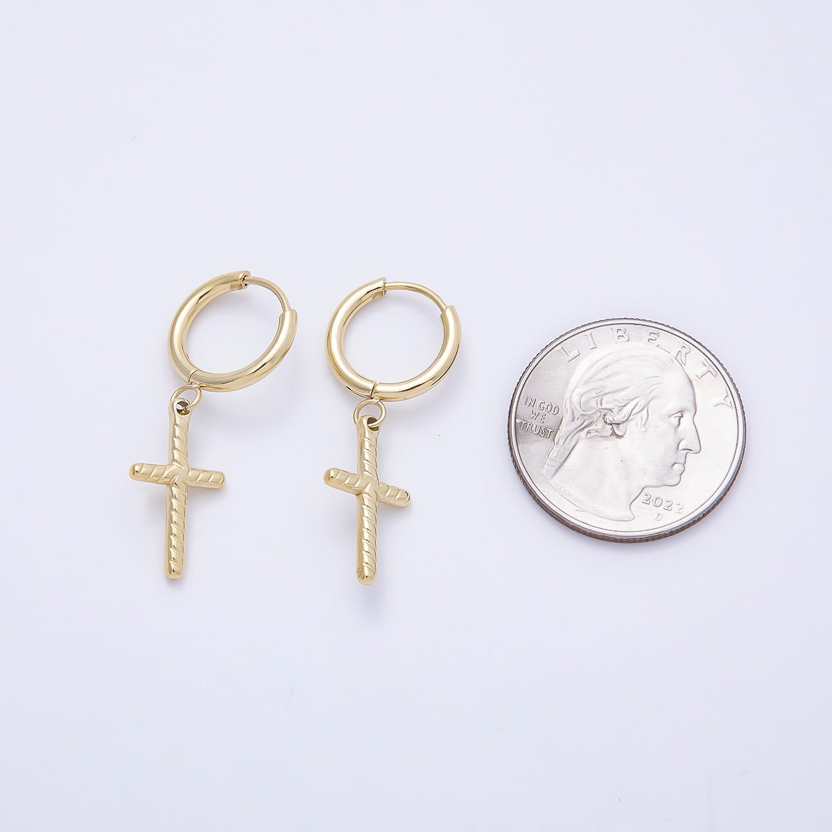 14K Gold Filled 35mm Ribbed Religious Cross Drop Huggie Earrings
