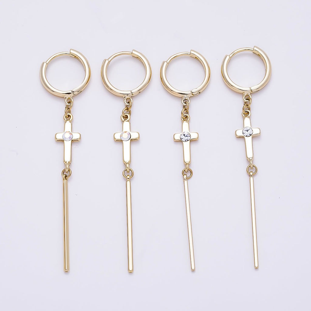 14K Gold Filled 60mm Iridescent AB, Clear CZ Religious Cross Bar Drop Huggie Earrings