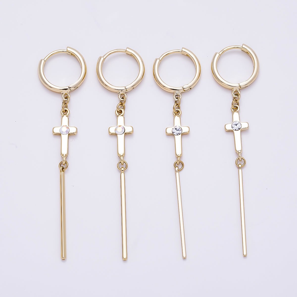 14K Gold Filled 60mm Iridescent AB, Clear CZ Religious Cross Bar Drop Huggie Earrings