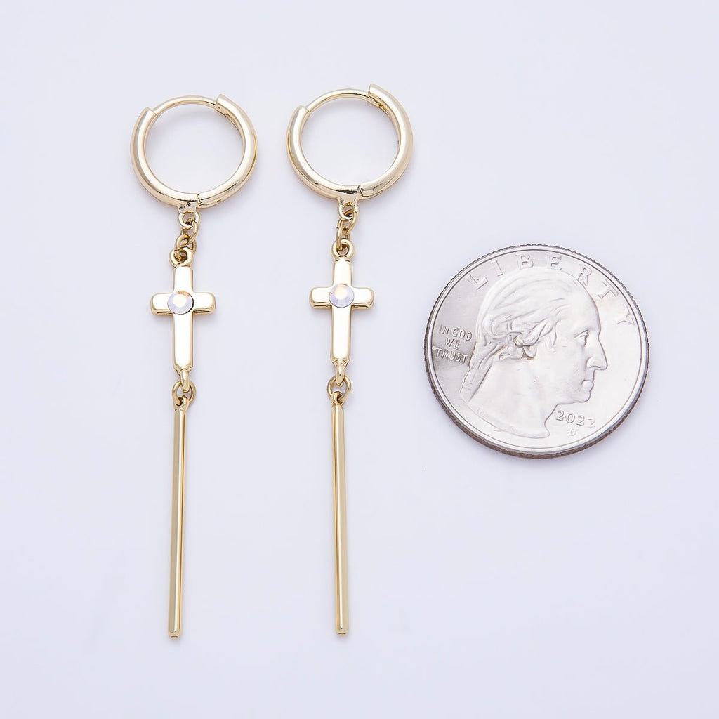 14K Gold Filled 60mm Iridescent AB, Clear CZ Religious Cross Bar Drop Huggie Earrings