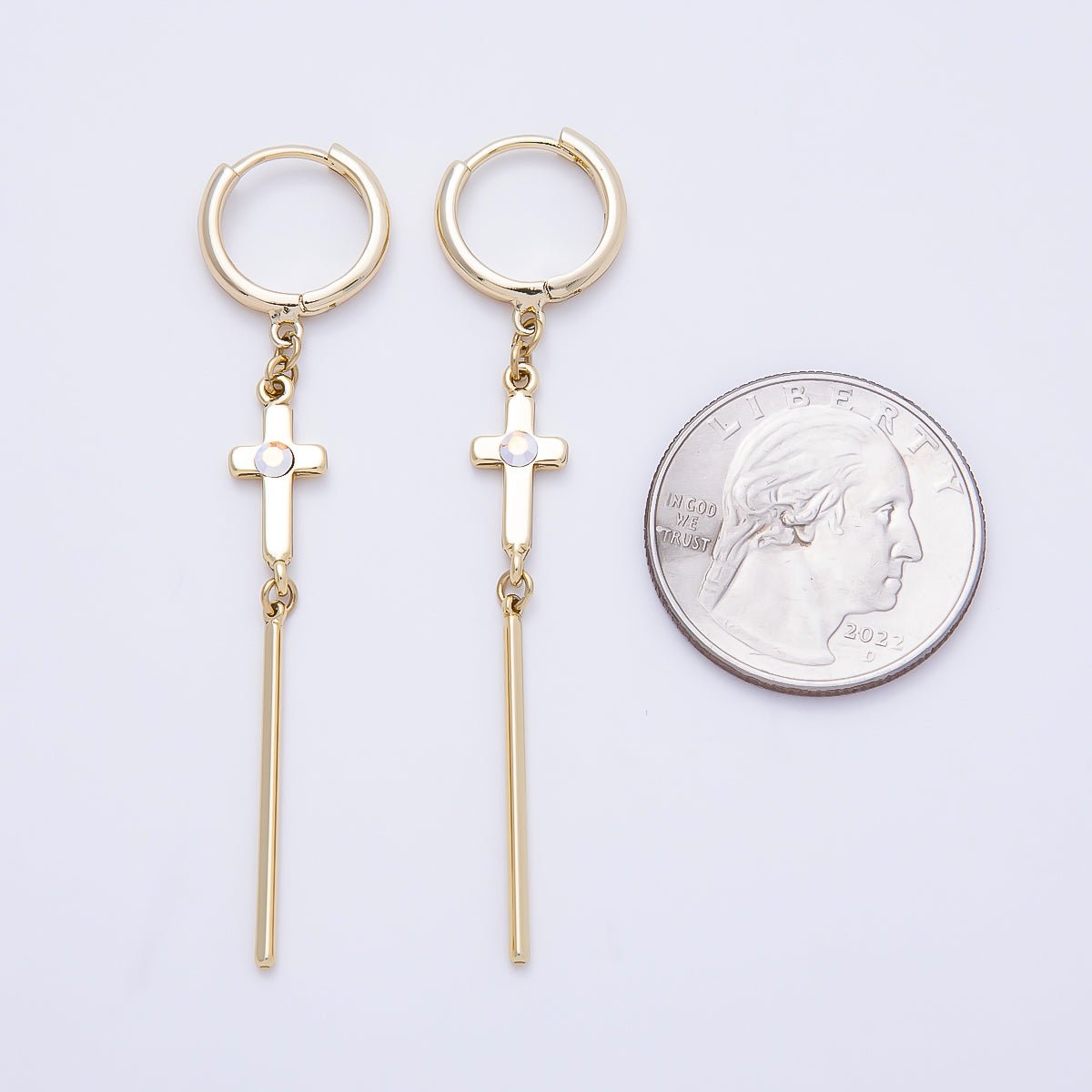 14K Gold Filled 60mm Iridescent AB, Clear CZ Religious Cross Bar Drop Huggie Earrings