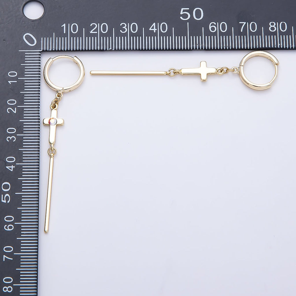 14K Gold Filled 60mm Iridescent AB, Clear CZ Religious Cross Bar Drop Huggie Earrings
