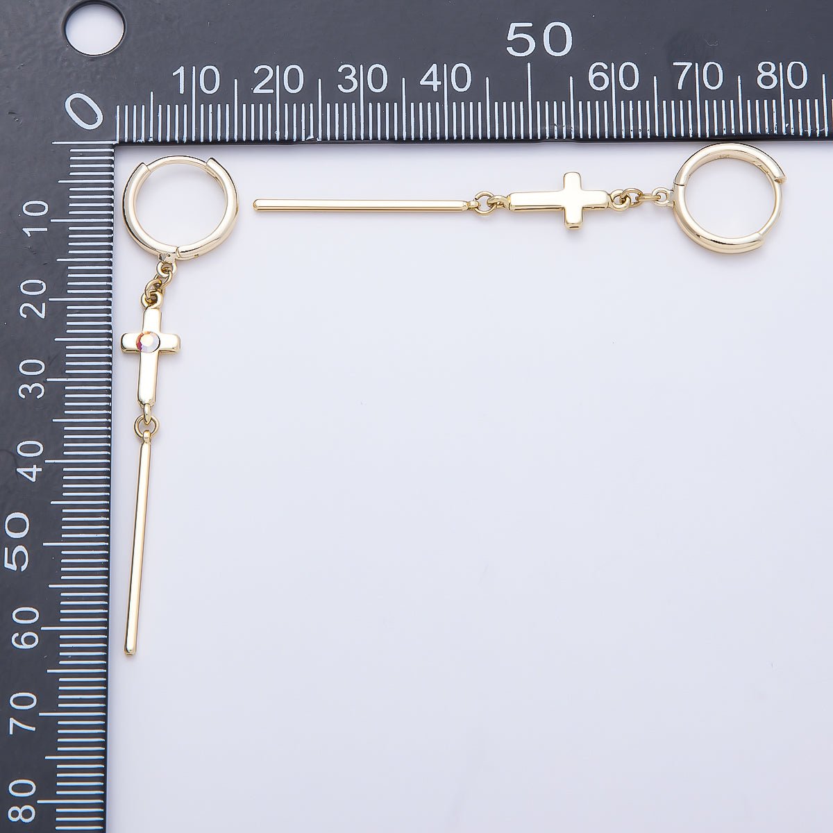 14K Gold Filled 60mm Iridescent AB, Clear CZ Religious Cross Bar Drop Huggie Earrings