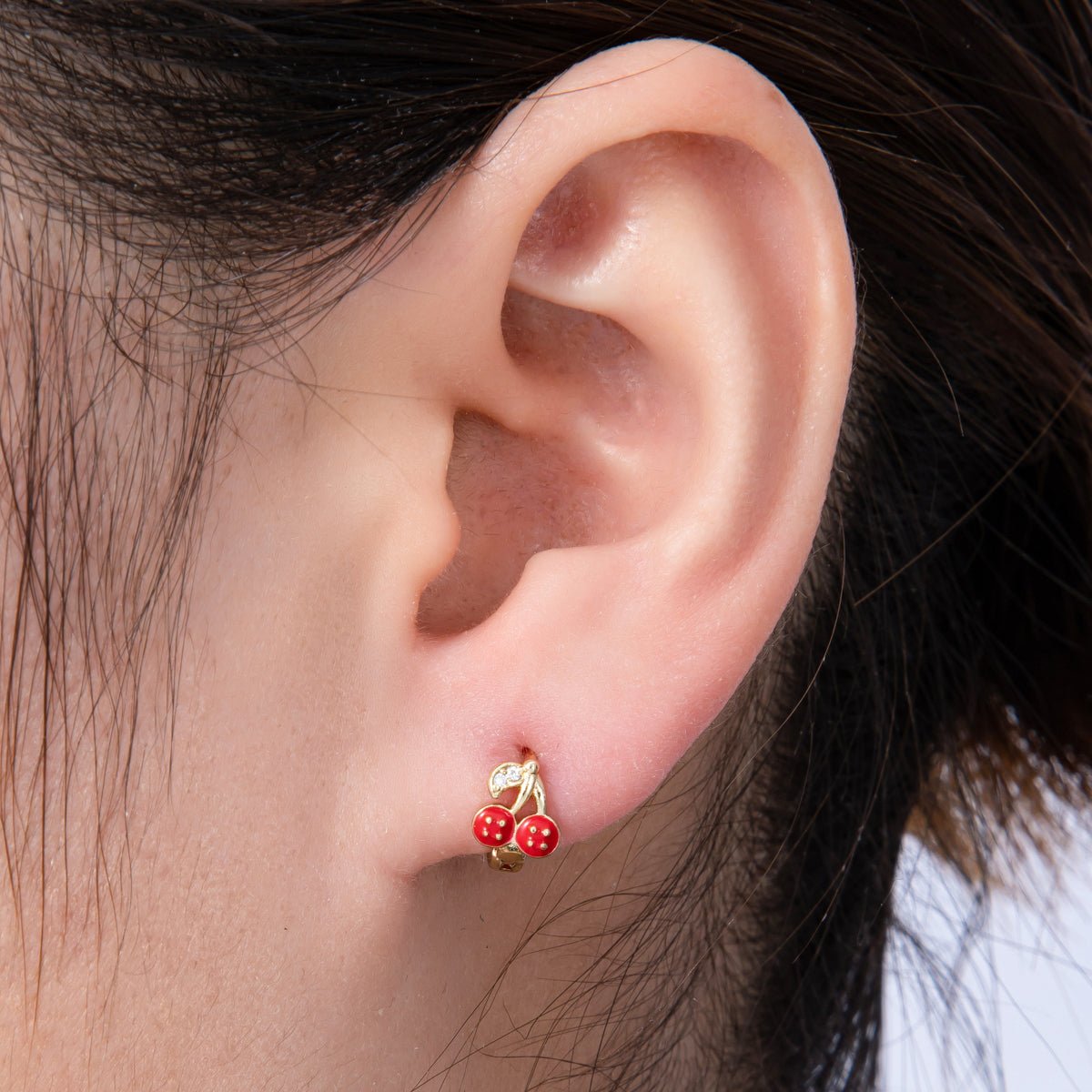 14K Gold Filled 9mm Cherry Fruit Enamel Micro Paved Huggie Earrings