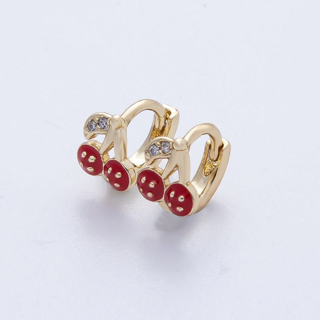 14K Gold Filled 9mm Cherry Fruit Enamel Micro Paved Huggie Earrings