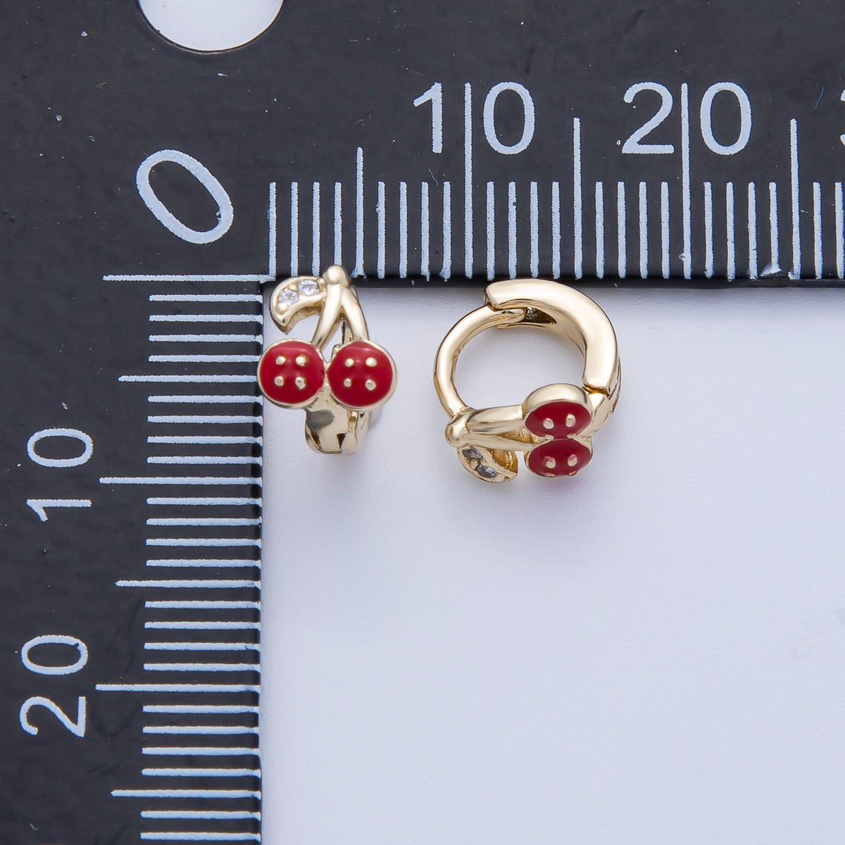 14K Gold Filled 9mm Cherry Fruit Enamel Micro Paved Huggie Earrings