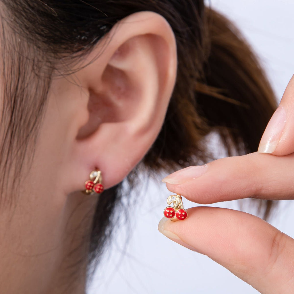 14K Gold Filled 9mm Cherry Fruit Enamel Micro Paved Huggie Earrings