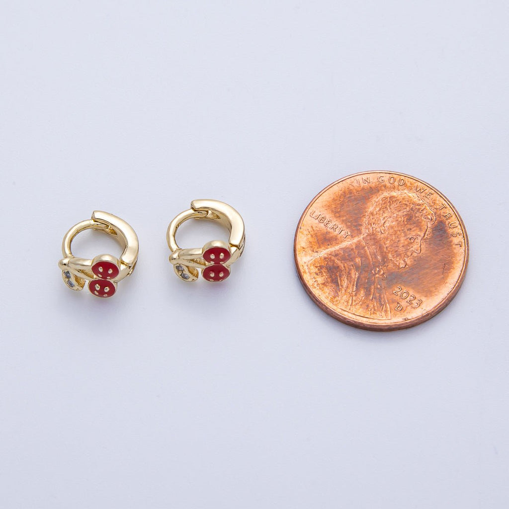 14K Gold Filled 9mm Cherry Fruit Enamel Micro Paved Huggie Earrings