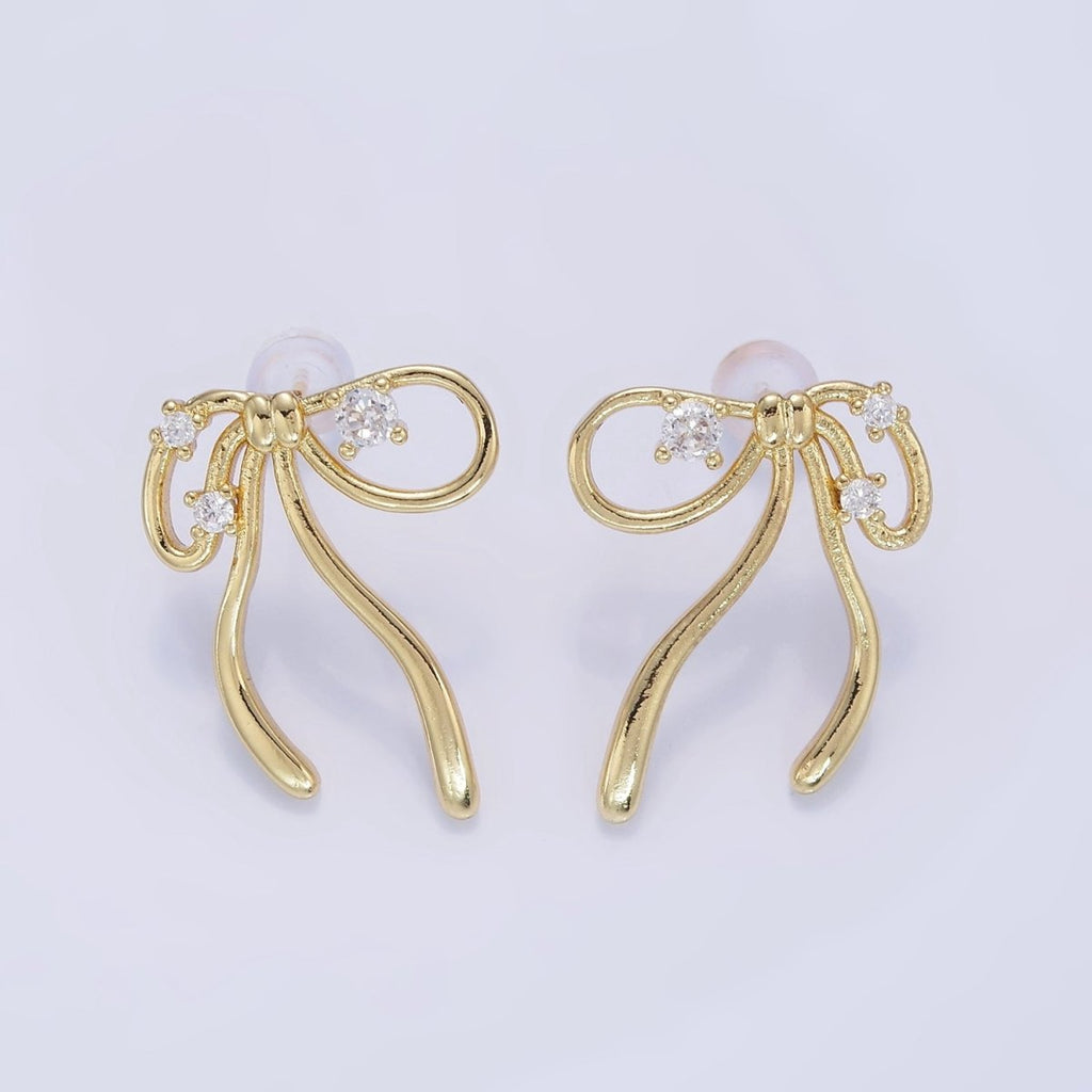 14K Gold Filled CZ Coquette Ribbon Tied Bow Stud Earrings