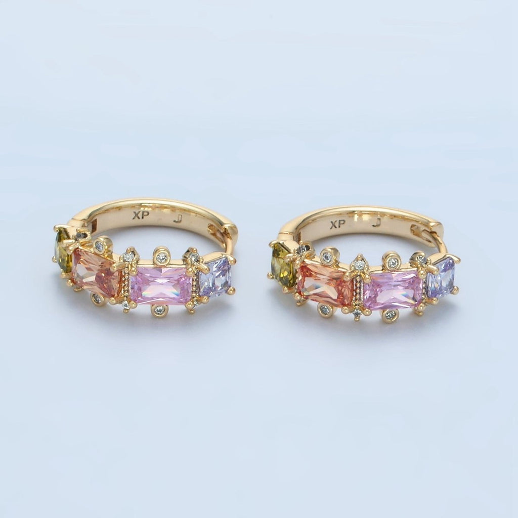 14K Gold Filled Multicolor Baguette Dotted CZ Huggie Earrings