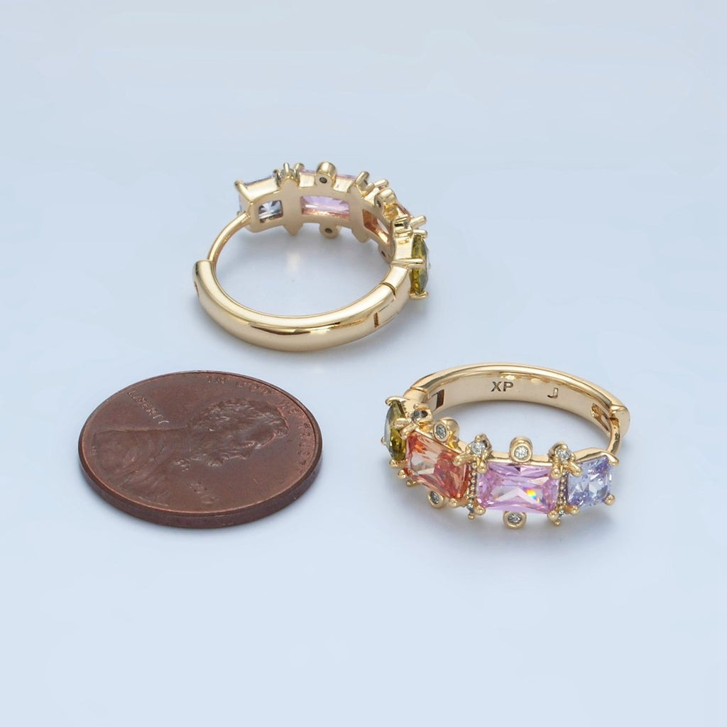 14K Gold Filled Multicolor Baguette Dotted CZ Huggie Earrings