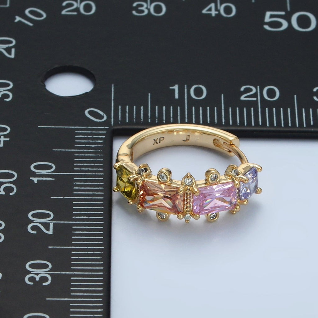14K Gold Filled Multicolor Baguette Dotted CZ Huggie Earrings