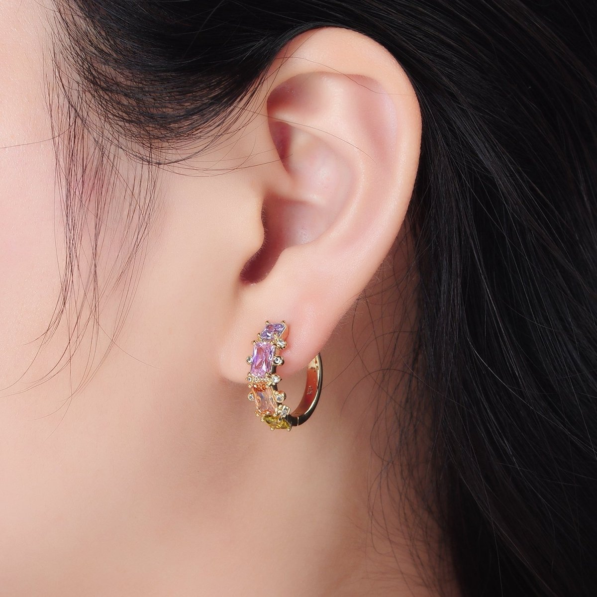 14K Gold Filled Multicolor Baguette Dotted CZ Huggie Earrings