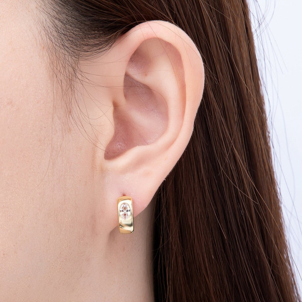16K Gold Filled 14mm Clear Oval CZ Minimalist Dome Oblong Huggie