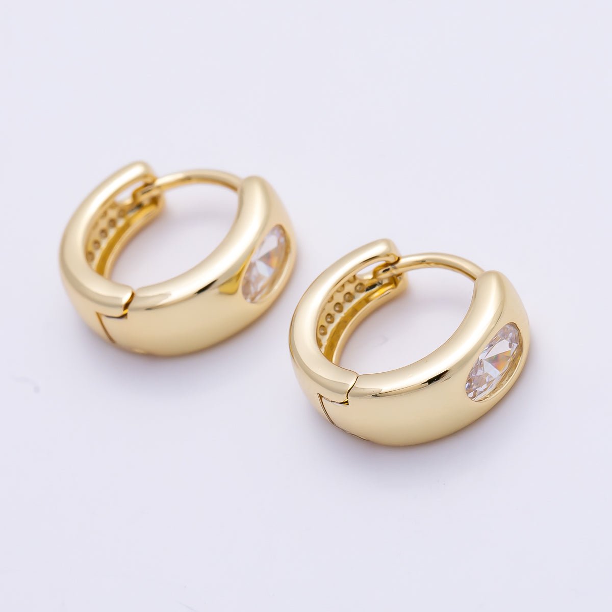 16K Gold Filled 14mm Clear Oval CZ Minimalist Dome Oblong Huggie