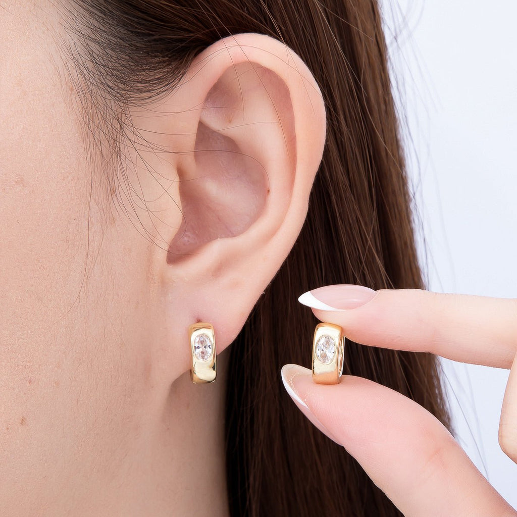 16K Gold Filled 14mm Clear Oval CZ Minimalist Dome Oblong Huggie