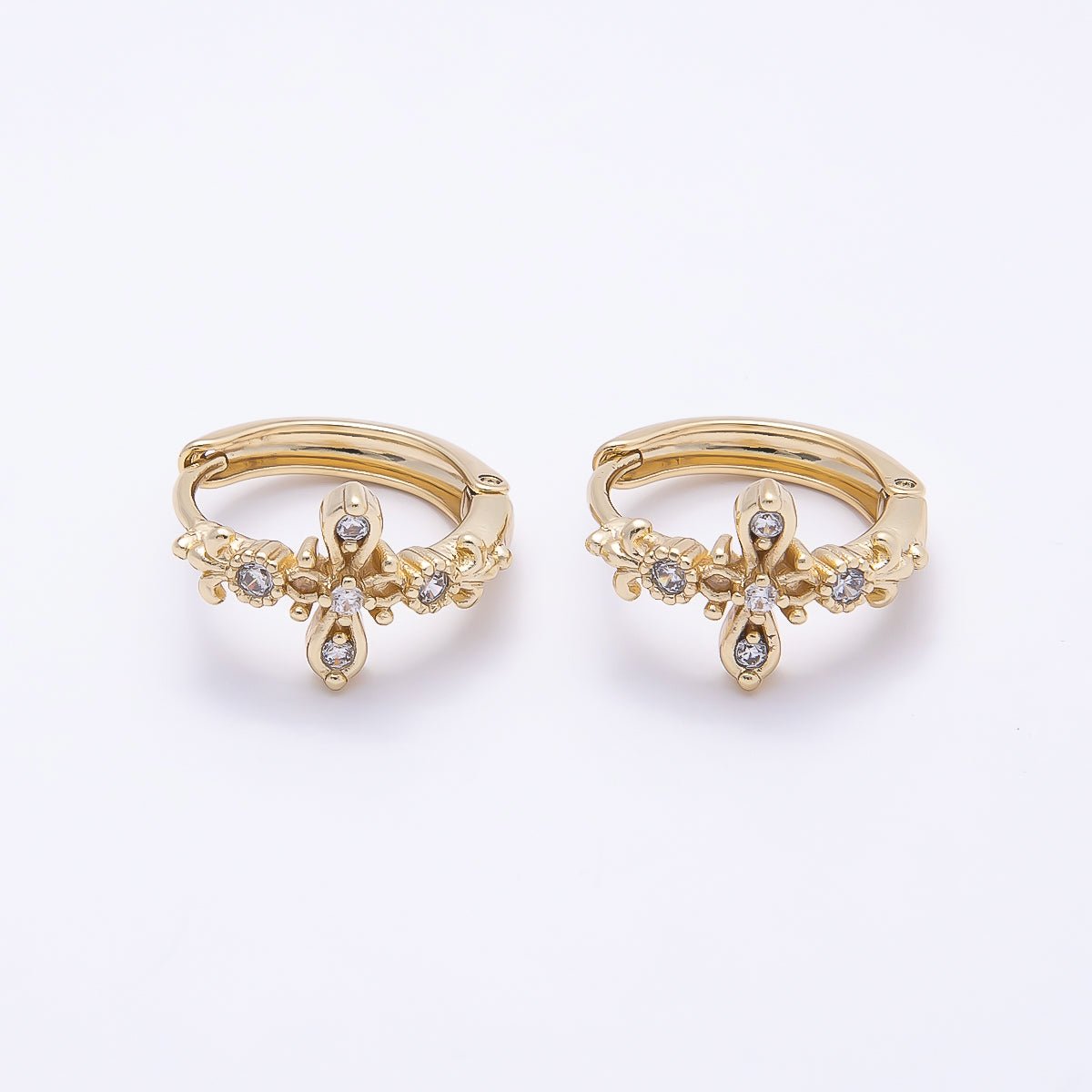 16K Gold Filled 17mm Clear CZ Religious Passion Cross Huggie Earrings
