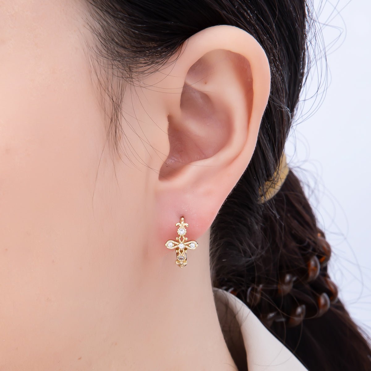 16K Gold Filled 17mm Clear CZ Religious Passion Cross Huggie Earrings