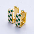 16K Gold Filled 18mm Checkered Enamel Square Huggie Earrings