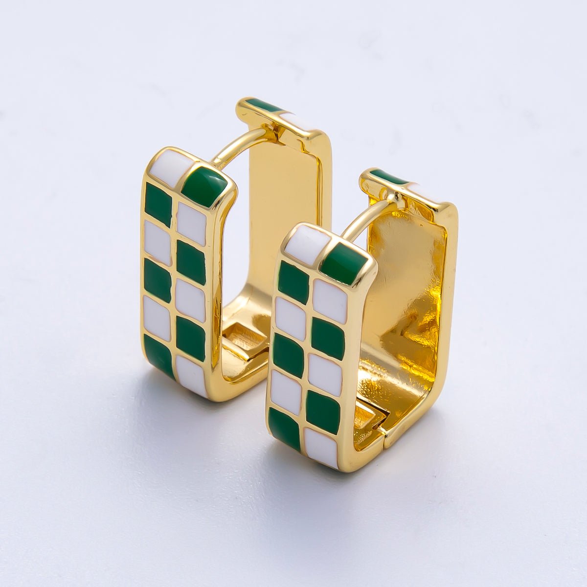 16K Gold Filled 18mm Checkered Enamel Square Huggie Earrings