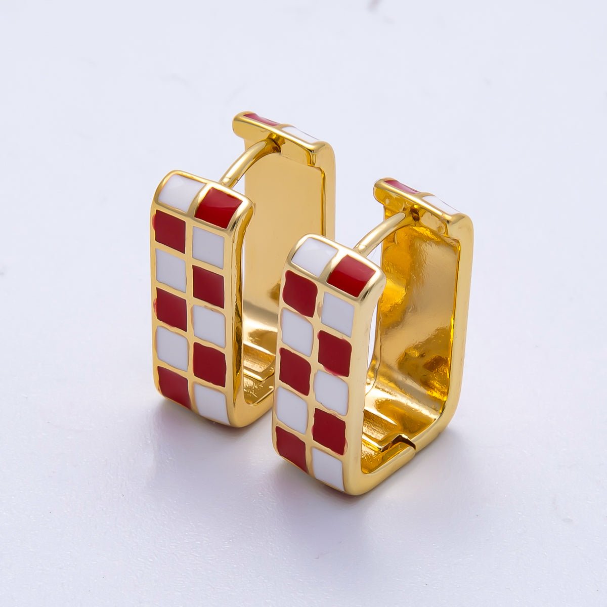 16K Gold Filled 18mm Checkered Enamel Square Huggie Earrings