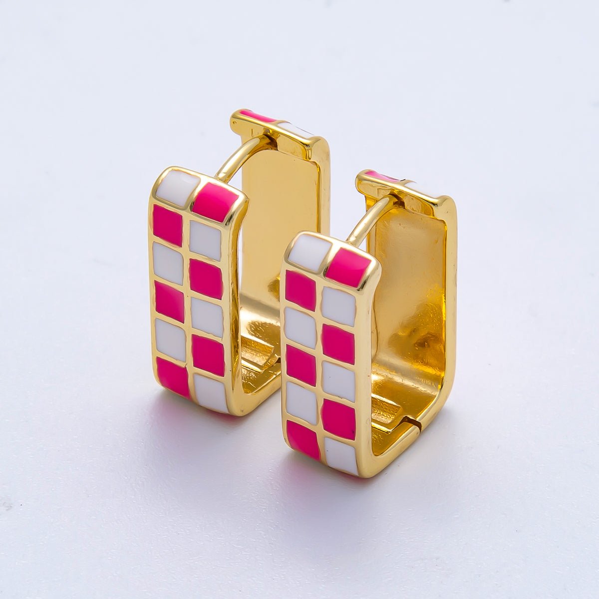 16K Gold Filled 18mm Checkered Enamel Square Huggie Earrings