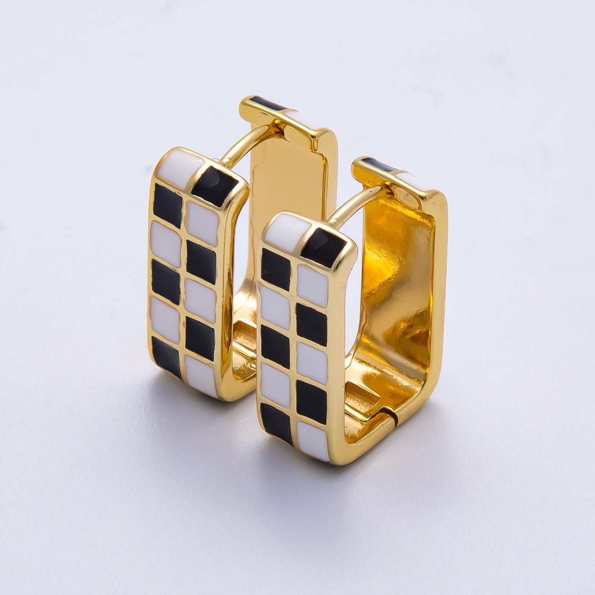 16K Gold Filled 18mm Checkered Enamel Square Huggie Earrings