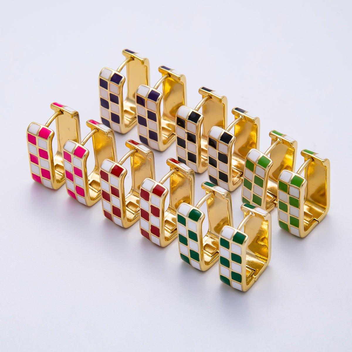 16K Gold Filled 18mm Checkered Enamel Square Huggie Earrings