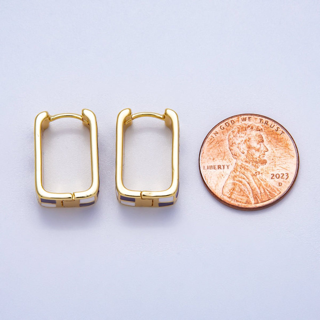 16K Gold Filled 18mm Checkered Enamel Square Huggie Earrings