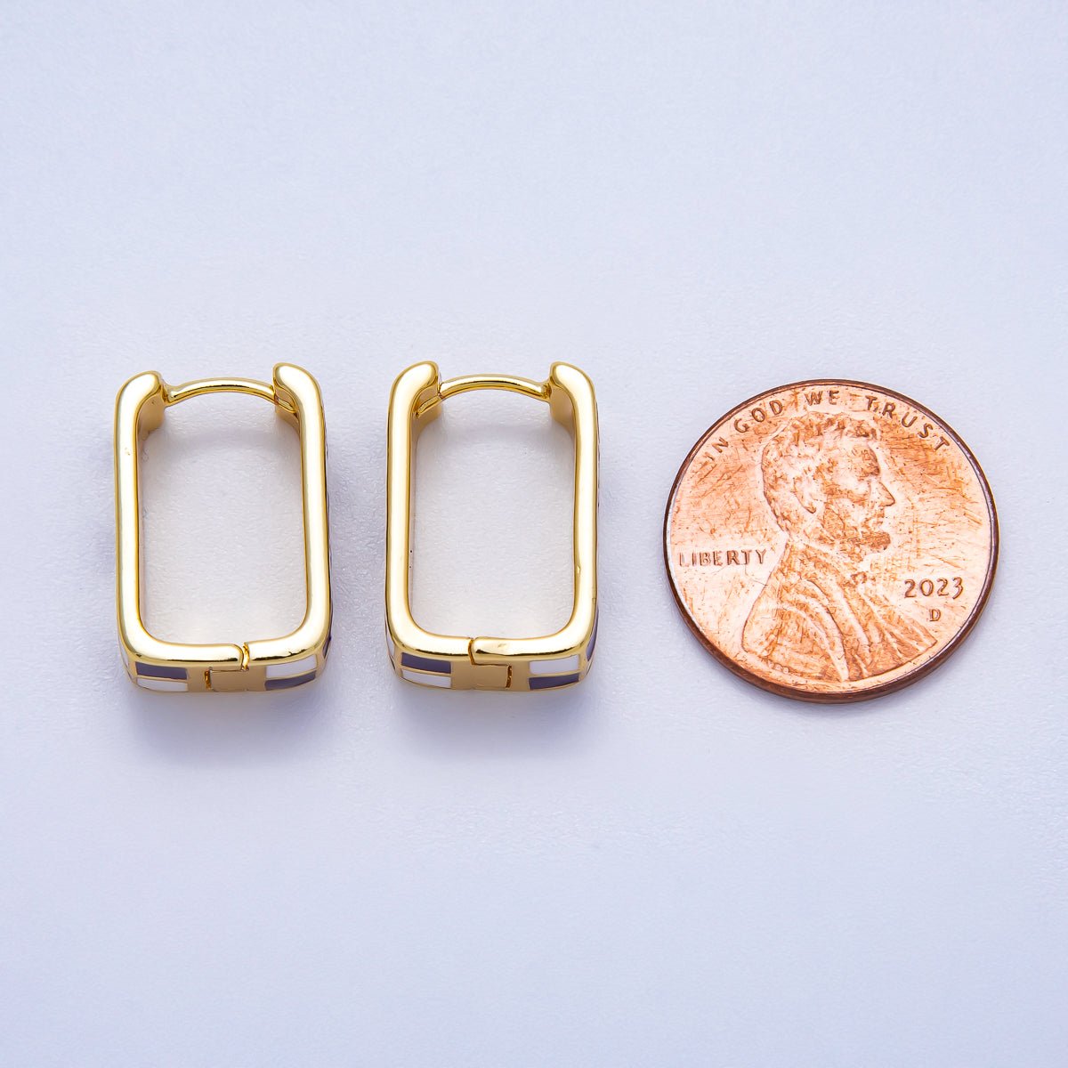 16K Gold Filled 18mm Checkered Enamel Square Huggie Earrings