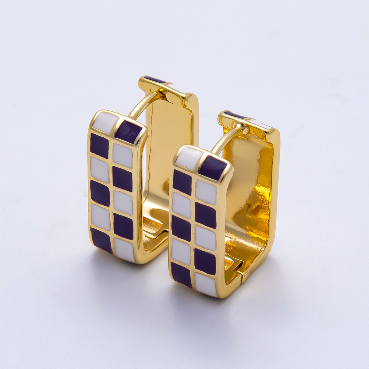 16K Gold Filled 18mm Checkered Enamel Square Huggie Earrings