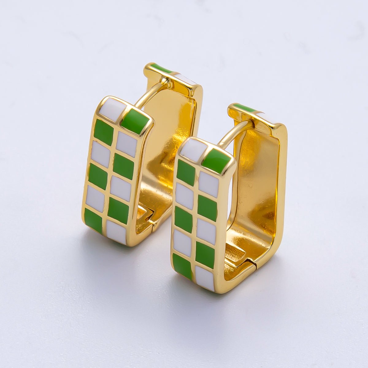 16K Gold Filled 18mm Checkered Enamel Square Huggie Earrings