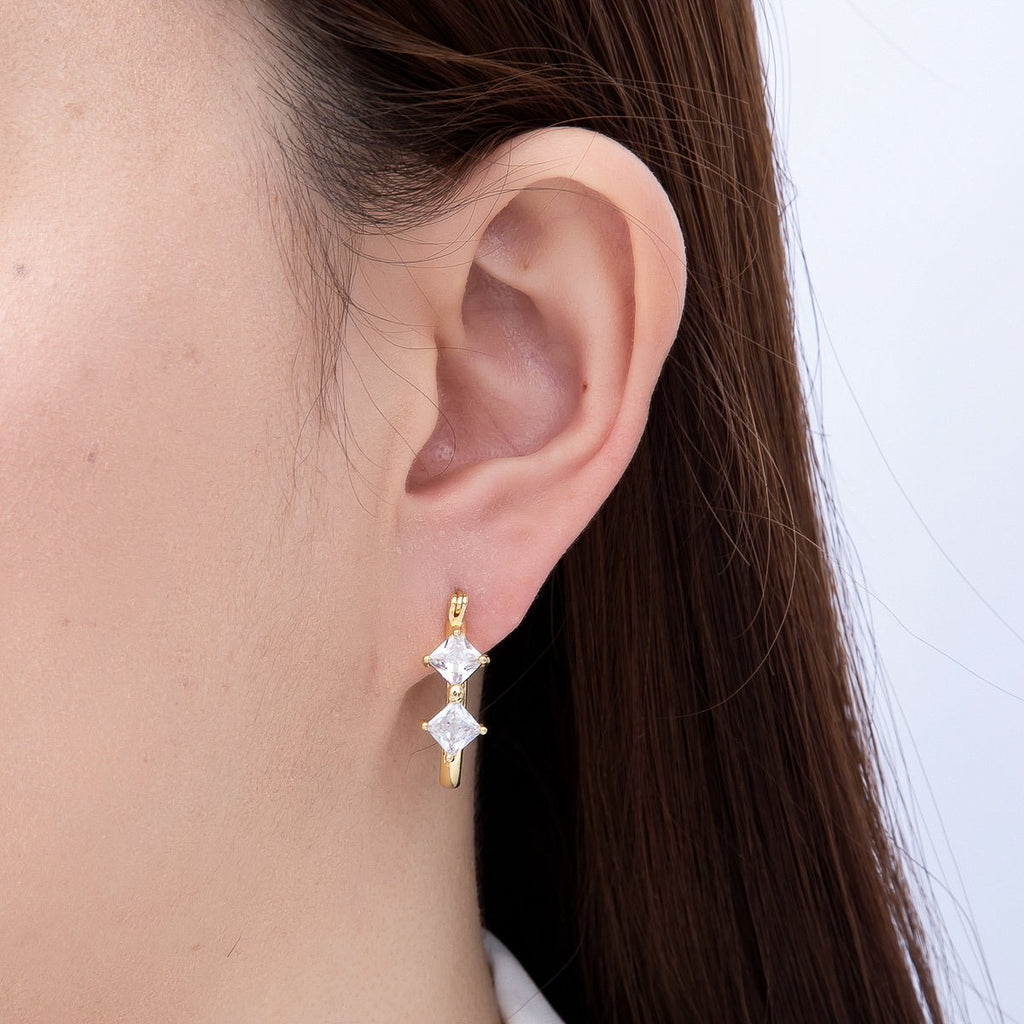 16K Gold Filled 24mm Clear Rhombus CZ Double Latch Hoop