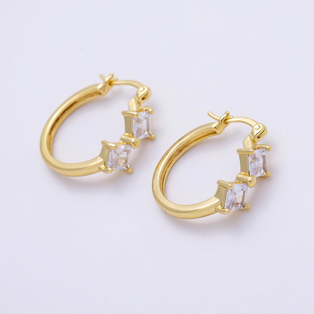 16K Gold Filled 24mm Clear Rhombus CZ Double Latch Hoop