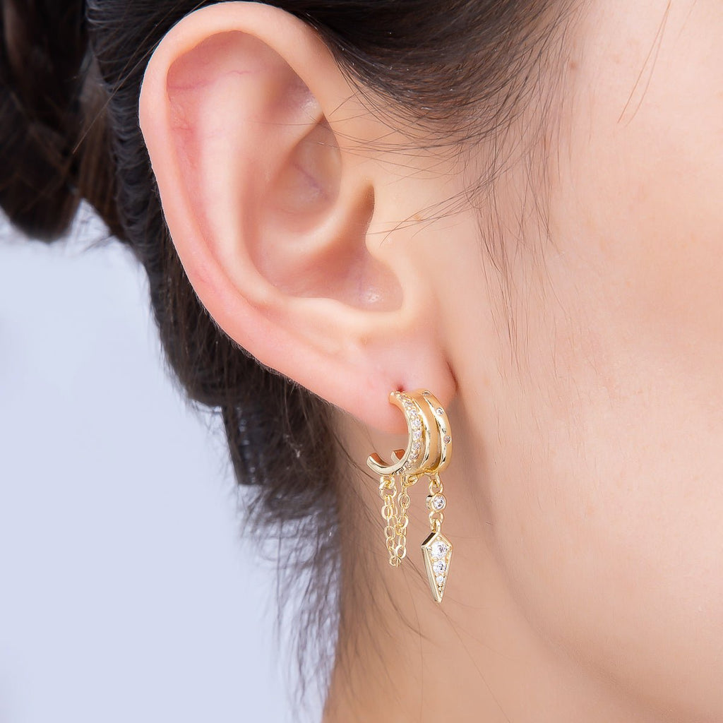 16K Gold Filled 29mm Clear Micro Paved CZ Spiked Chain Drop C-Shaped Hoop