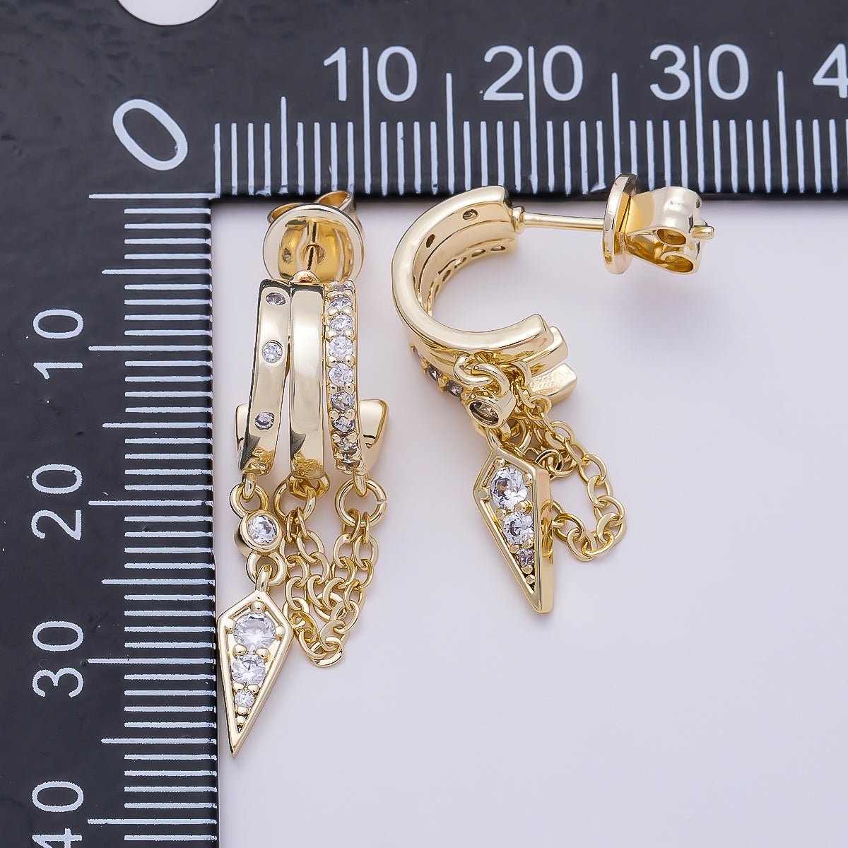 16K Gold Filled 29mm Clear Micro Paved CZ Spiked Chain Drop C-Shaped Hoop