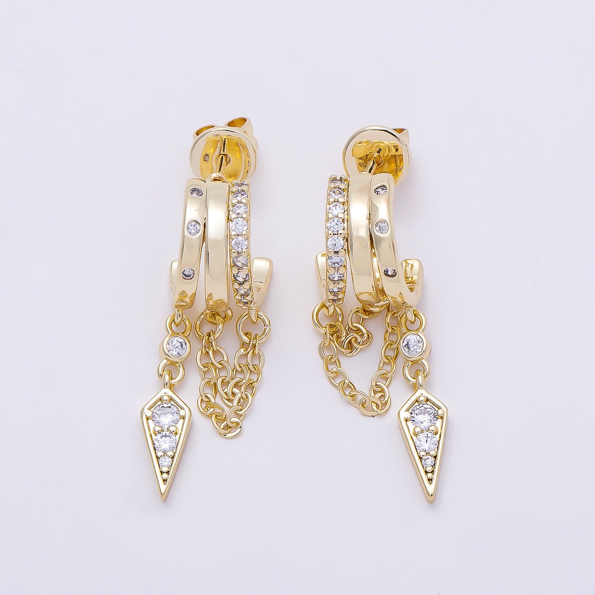 16K Gold Filled 29mm Clear Micro Paved CZ Spiked Chain Drop C-Shaped Hoop
