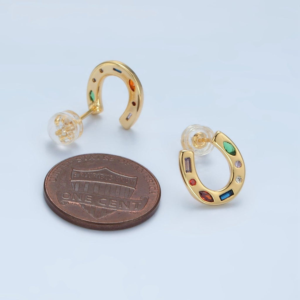 16K Gold Filled Multicolor CZ Horseshoe Stud Earrings