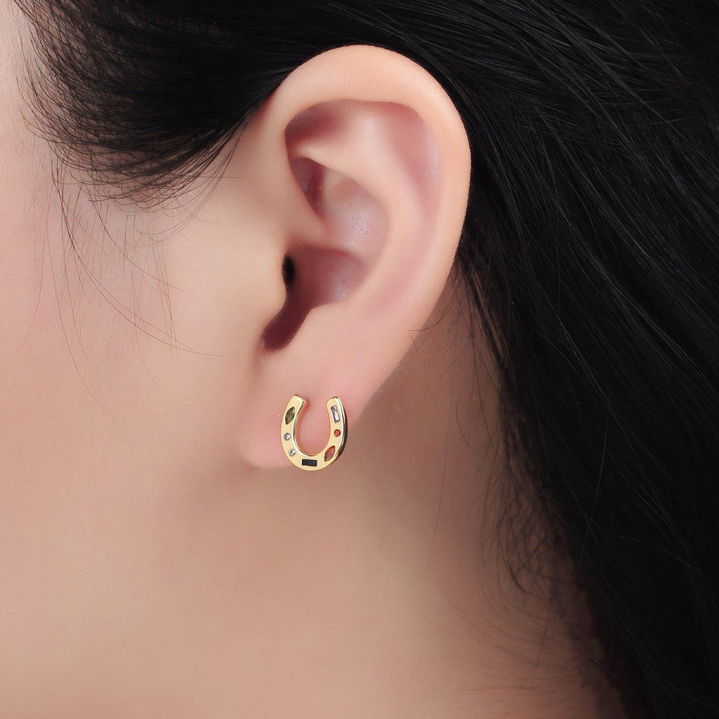 16K Gold Filled Multicolor CZ Horseshoe Stud Earrings