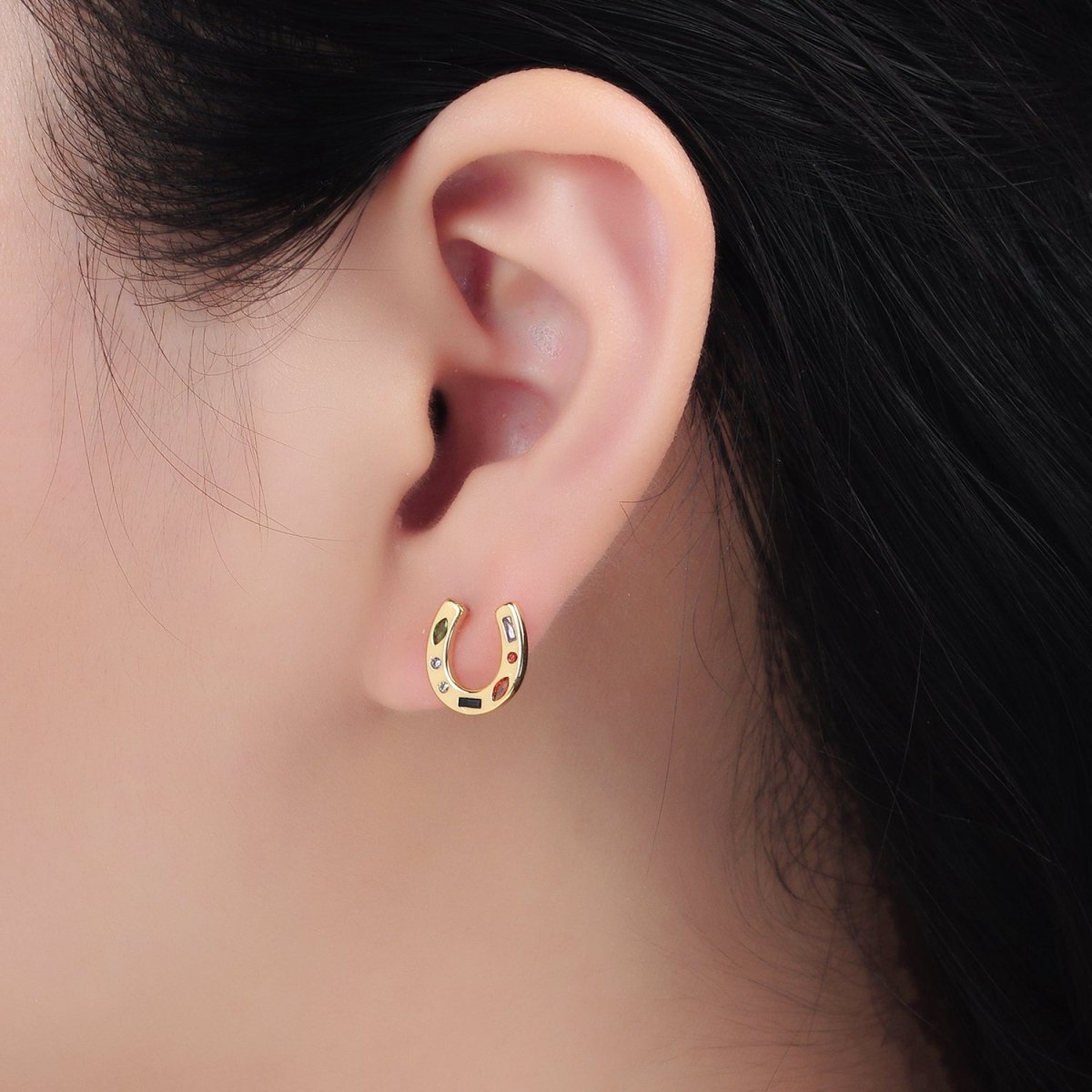 16K Gold Filled Multicolor CZ Horseshoe Stud Earrings