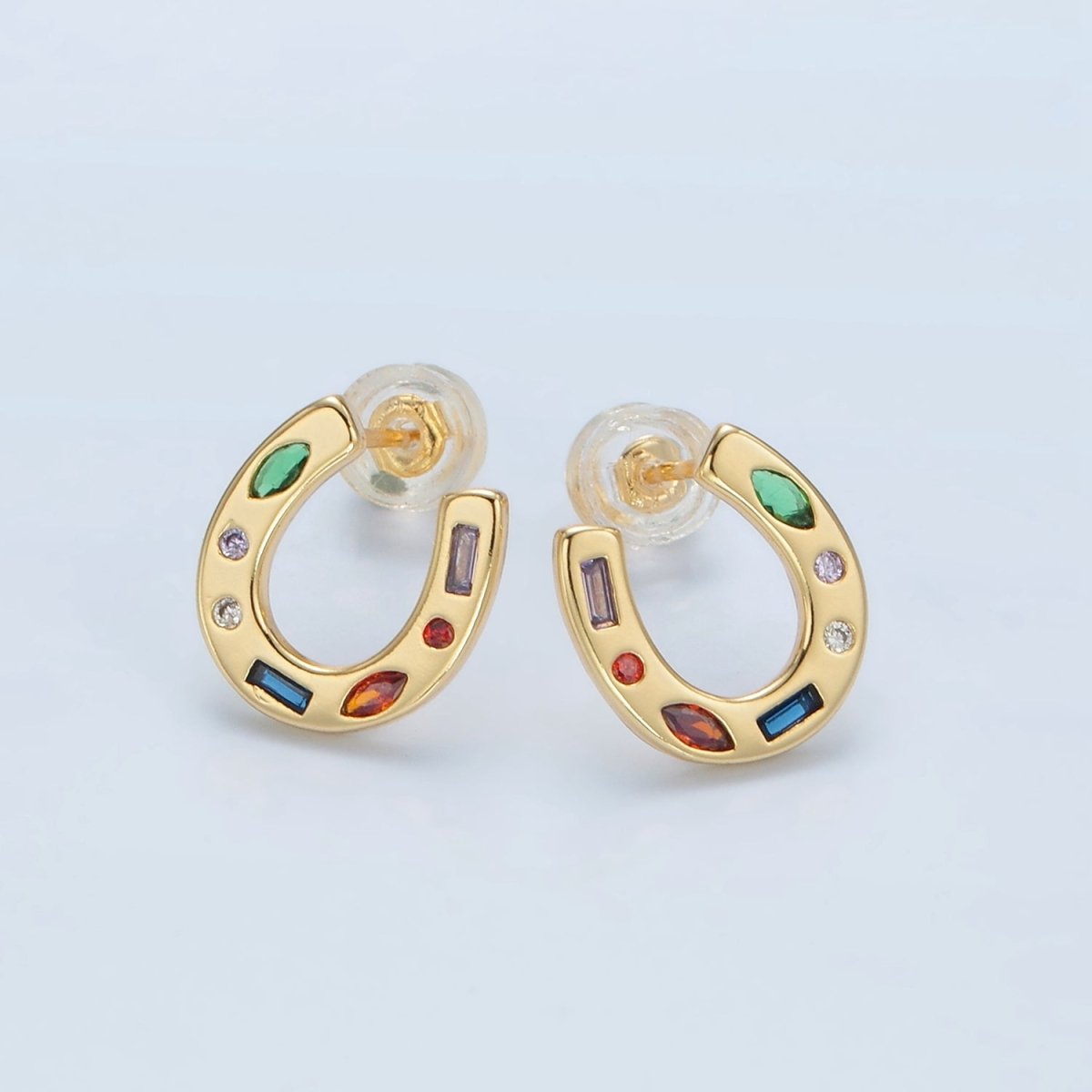 16K Gold Filled Multicolor CZ Horseshoe Stud Earrings