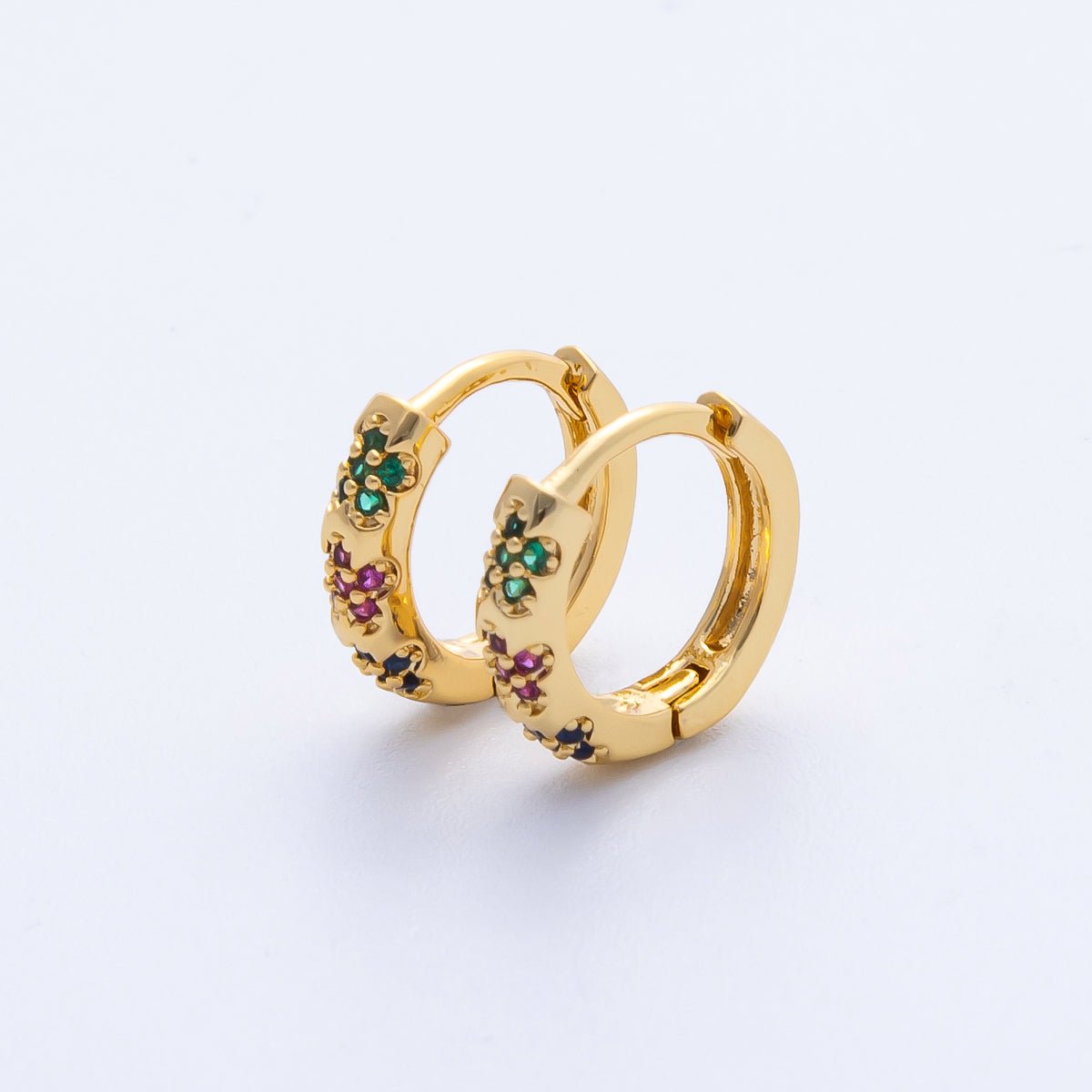 18K Gold Filled 13mm Multicolor Micro Paved CZ Flower Huggie Earrings